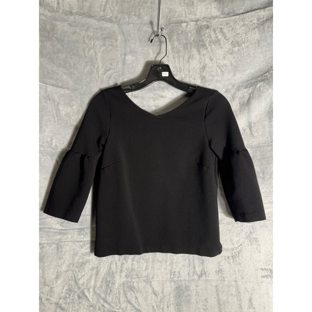 Ann Taylor Petite Black V-Neck Bell Sleeve Knit Top SP 3/4 Sleeve Blouse